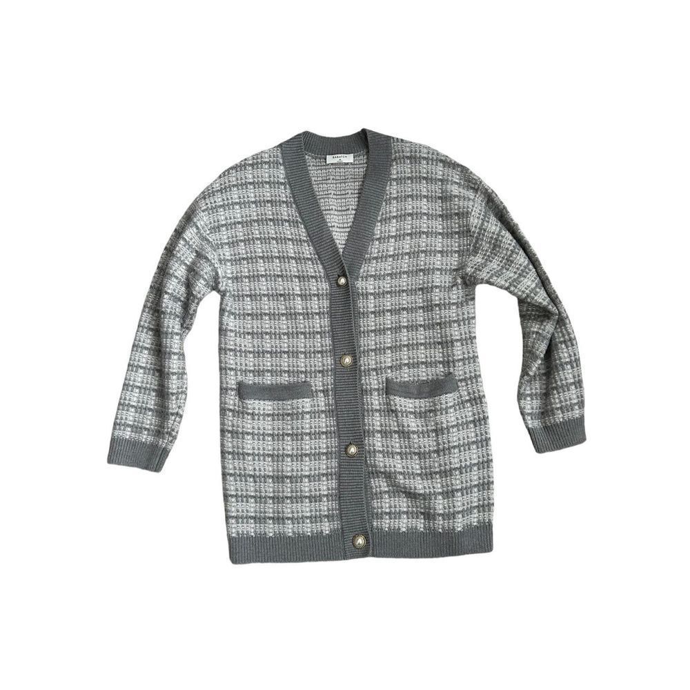 Babaton Lacer Cardigan V-Neck Button Front Long Sleeve Checkered Gray Women's XS